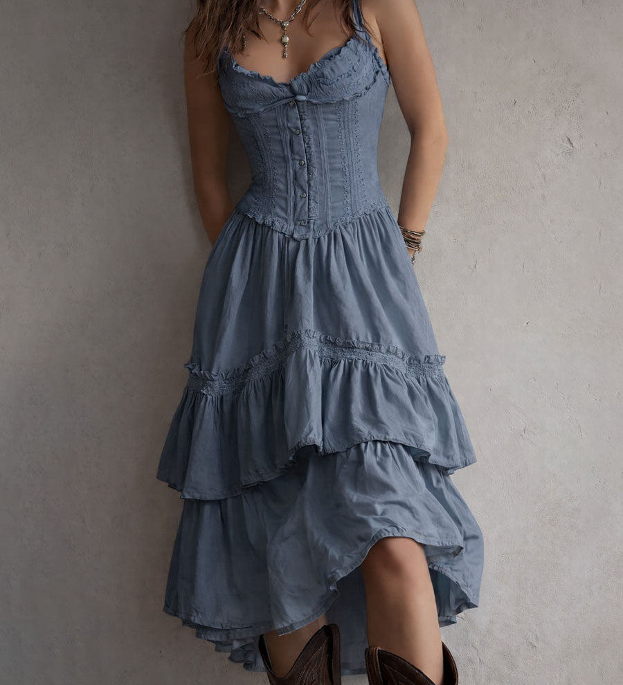 Renata · Vestido Midi Corsé con Volantes y Encaje