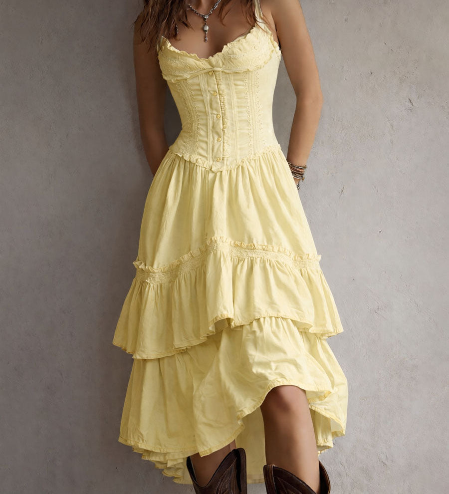 Renata · Vestido Midi Corsé con Volantes y Encaje