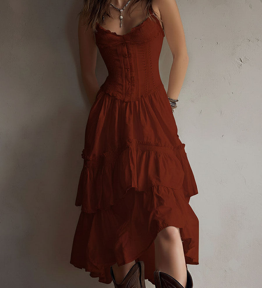 Renata · Vestido Midi Corsé con Volantes y Encaje