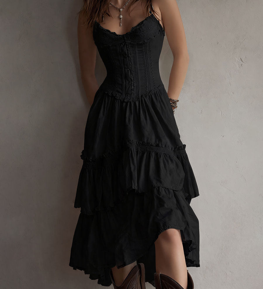 Renata · Vestido Midi Corsé con Volantes y Encaje
