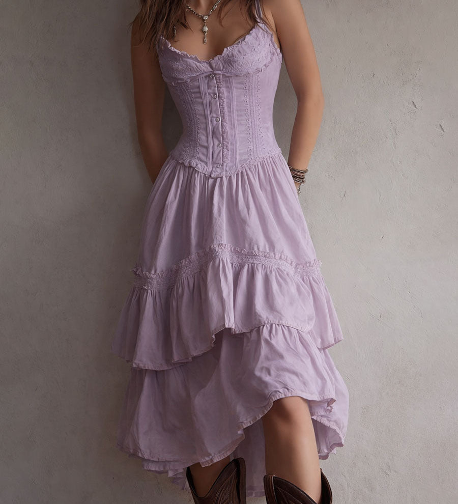 Renata · Vestido Midi Corsé con Volantes y Encaje