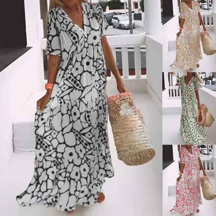 Vestido de verano estampado con cuello en V (LIQUIDACIÓN)