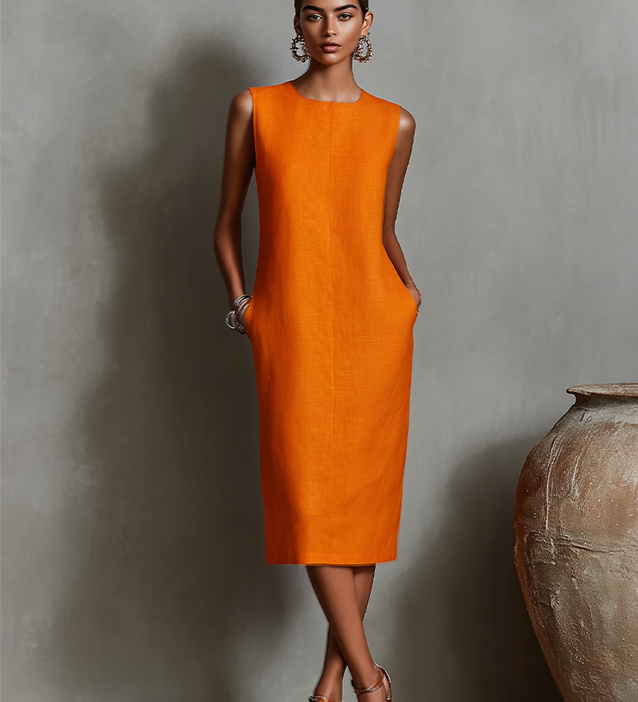 Martina · Vestido Midi Efecto Lino Sin Mangas con Bolsillos