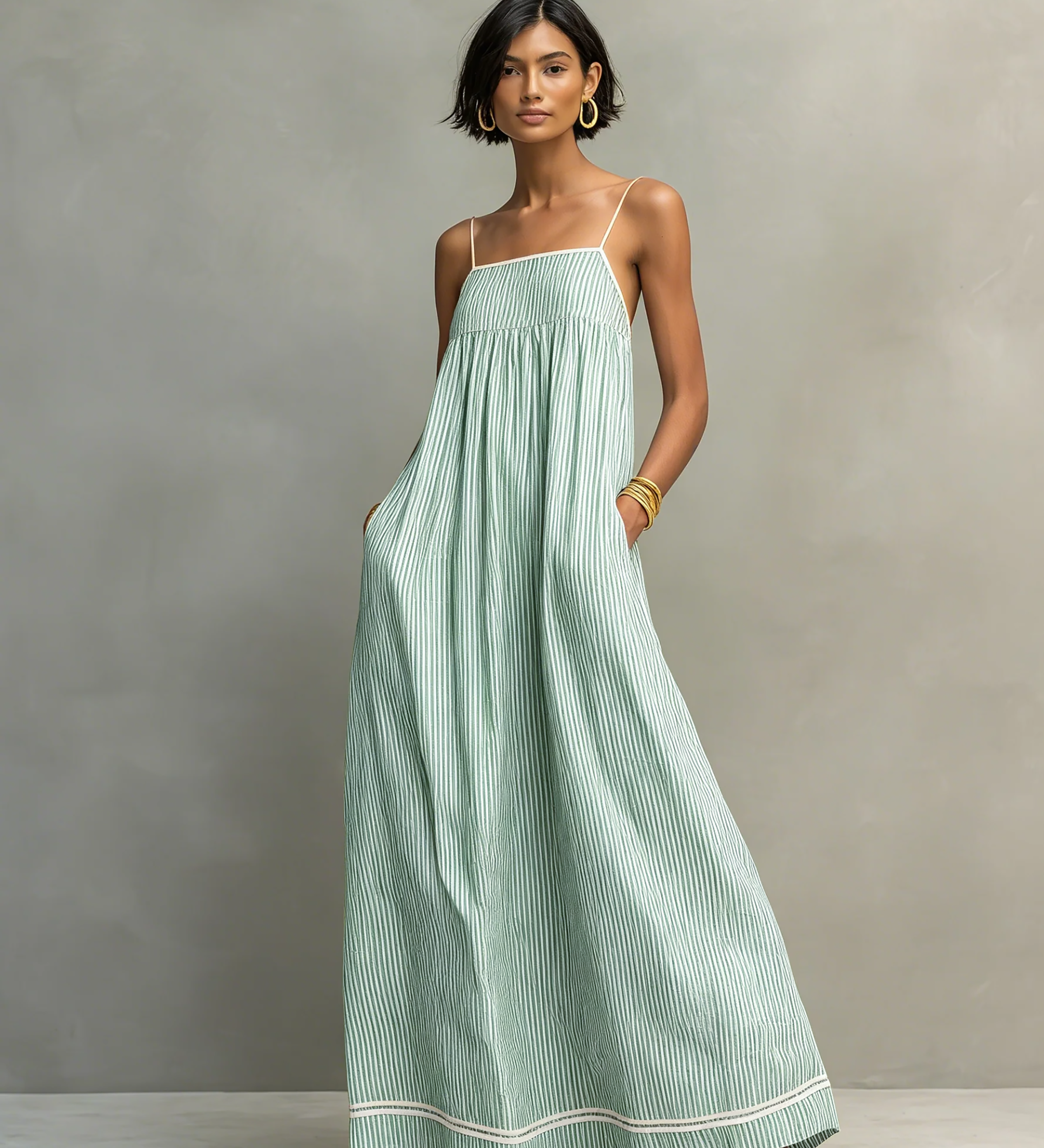 Ainhoa · Vestido Maxi de Rayas Ribete Rojo
