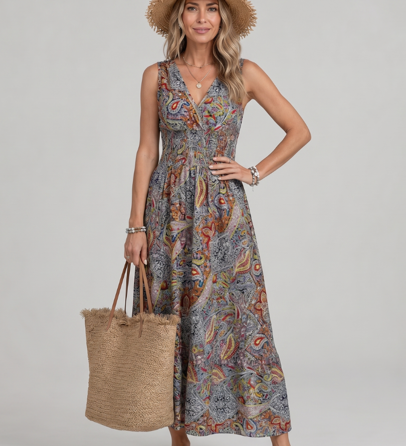 Marisa - Vestido Midi Sin Mangas con Estampado Paisley