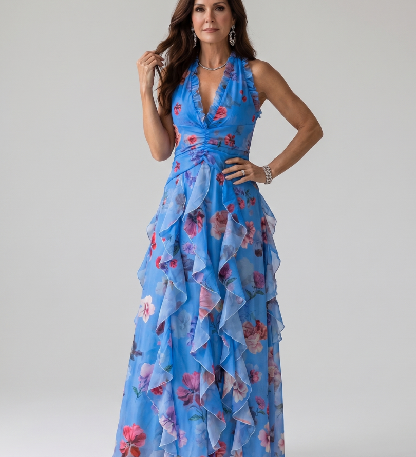 Nora - Vestido Maxi Floral con Escote Halter y Cuerpo Plisado