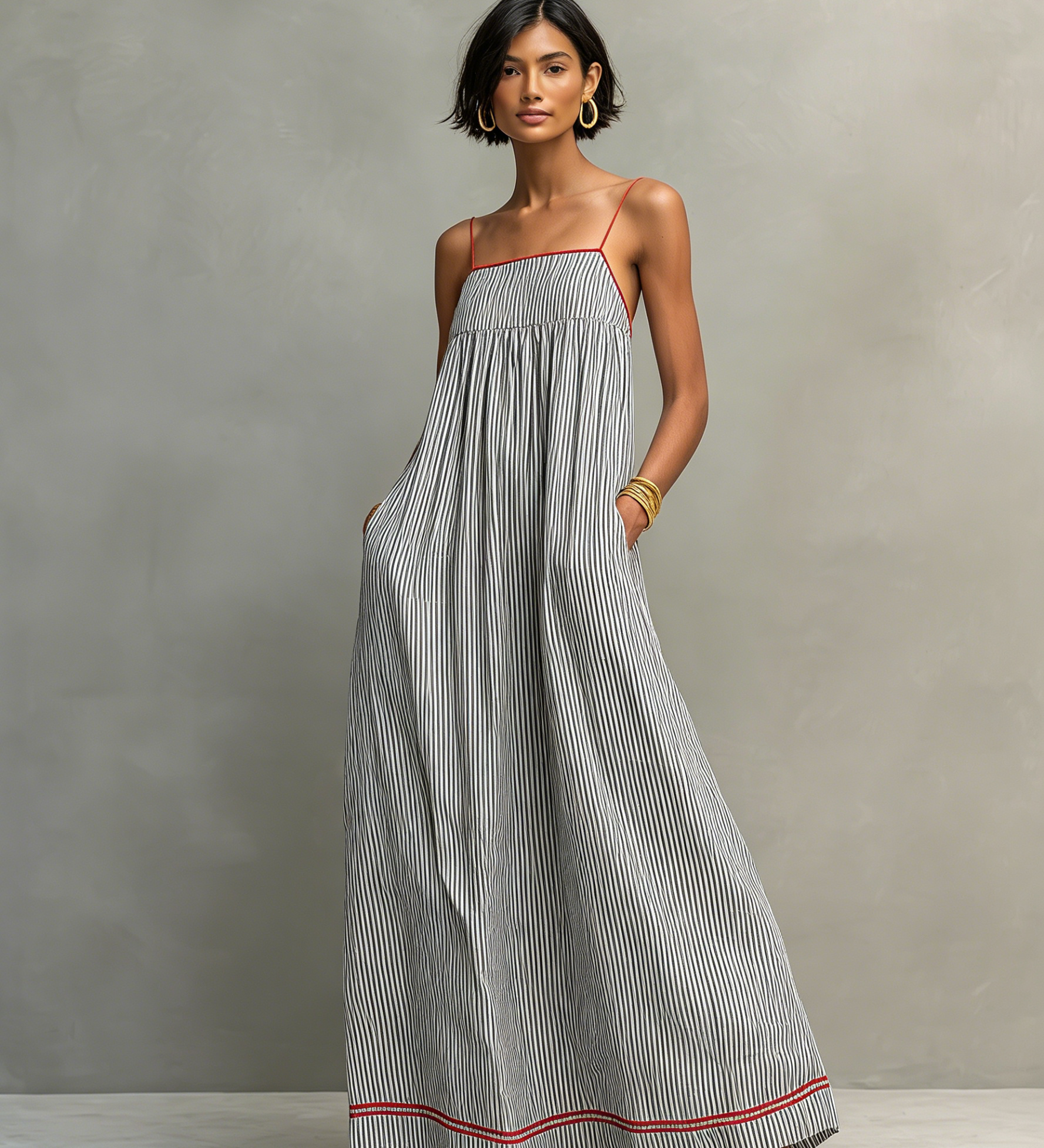 Ainhoa · Vestido Maxi de Rayas Ribete Rojo