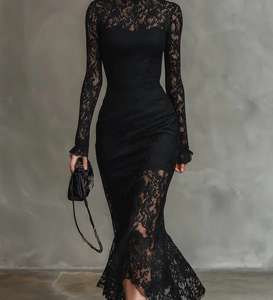 Veronika | Vestido Maxilargo de Encaje Negro