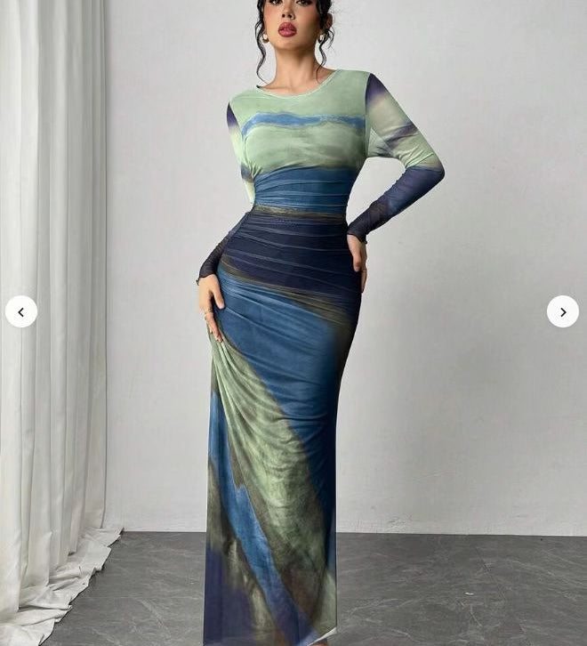 Natalia | Vestido Maxi Bodycon de Manga Larga Impreso y Cómodo