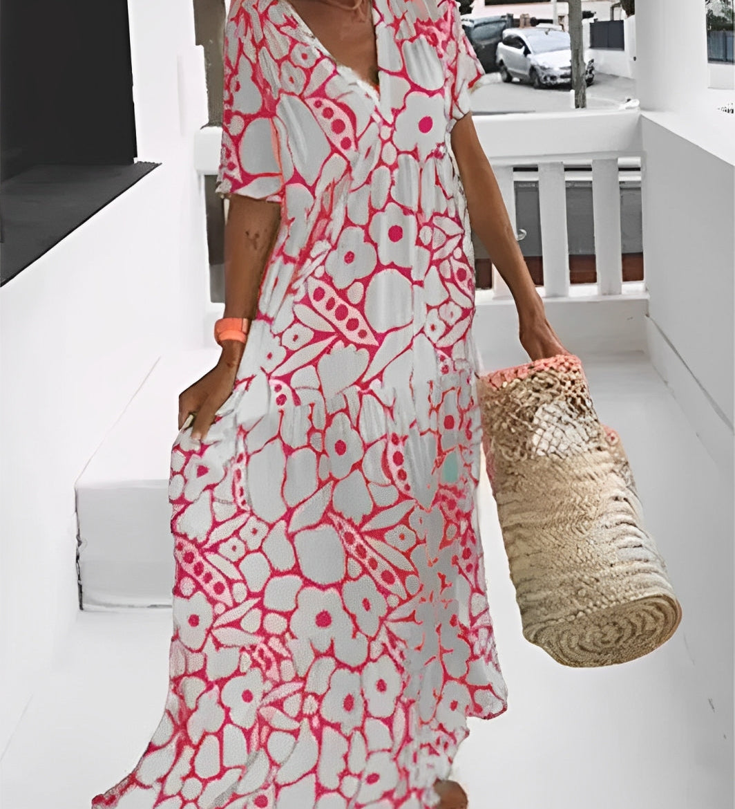 Vestido de verano estampado con cuello en V (LIQUIDACIÓN)