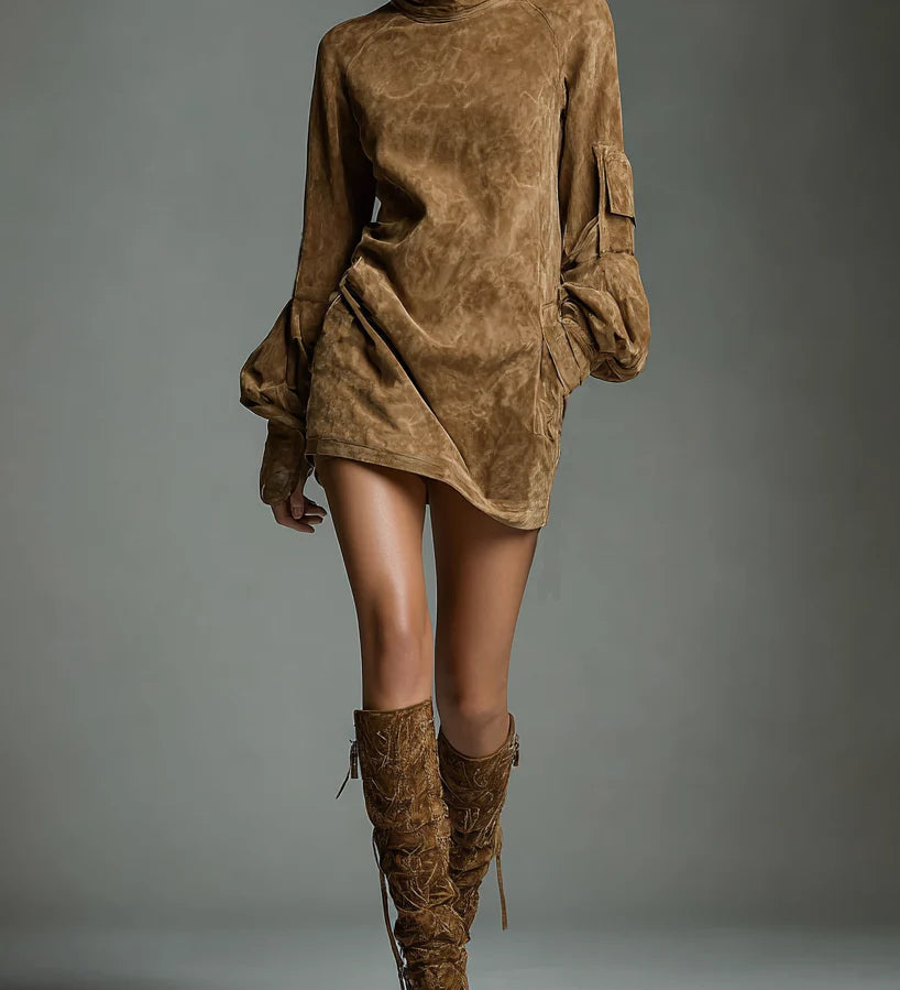 Livia ❘ Vestido mini oversize de ante con cuello alto
