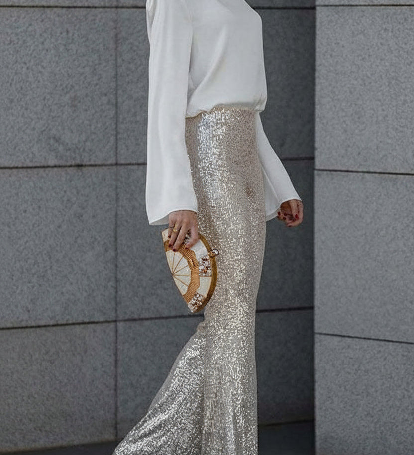 PANTALONES ACAMPANADOS DIVA | LENTEJUELAS, TIRO ALTO Y CINTURA ELÁSTICA