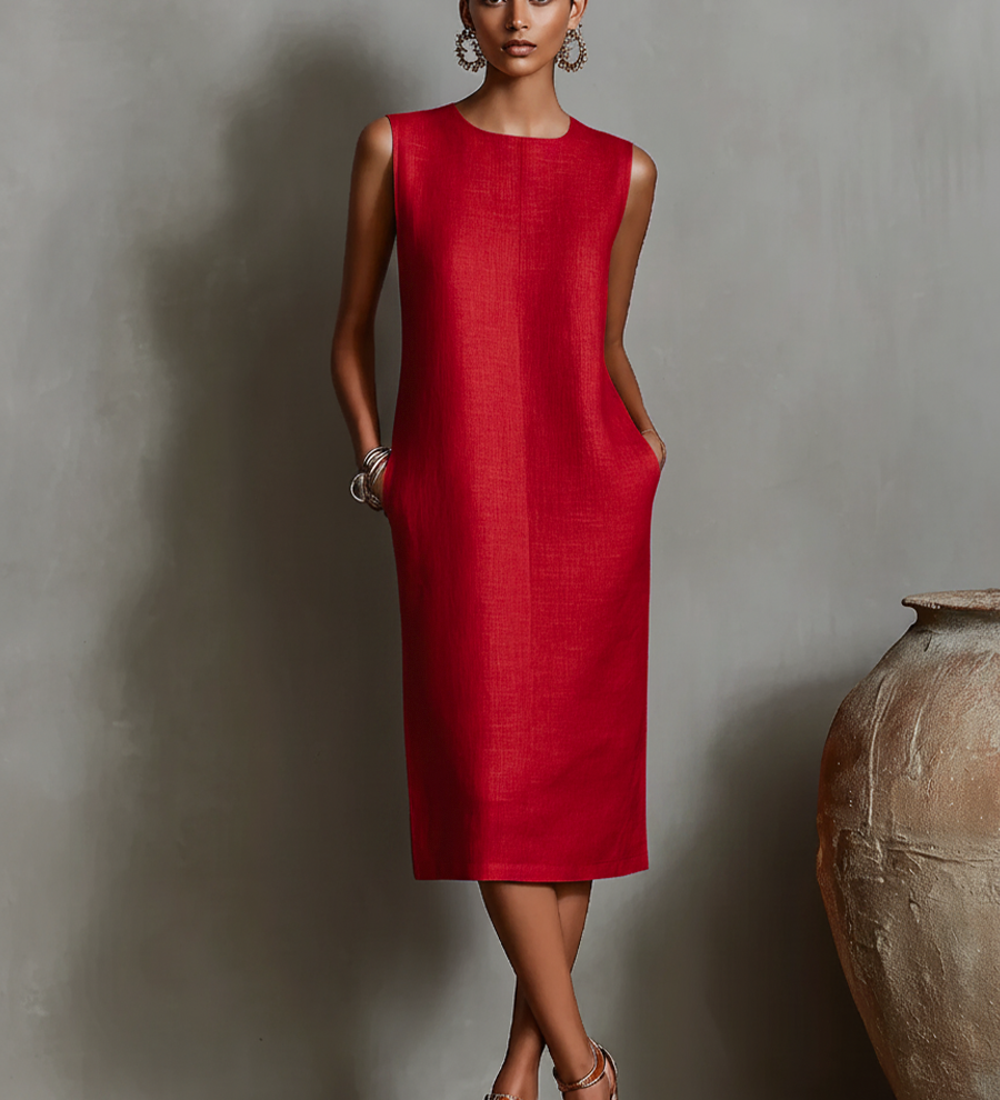 Martina · Vestido Midi Efecto Lino Sin Mangas con Bolsillos