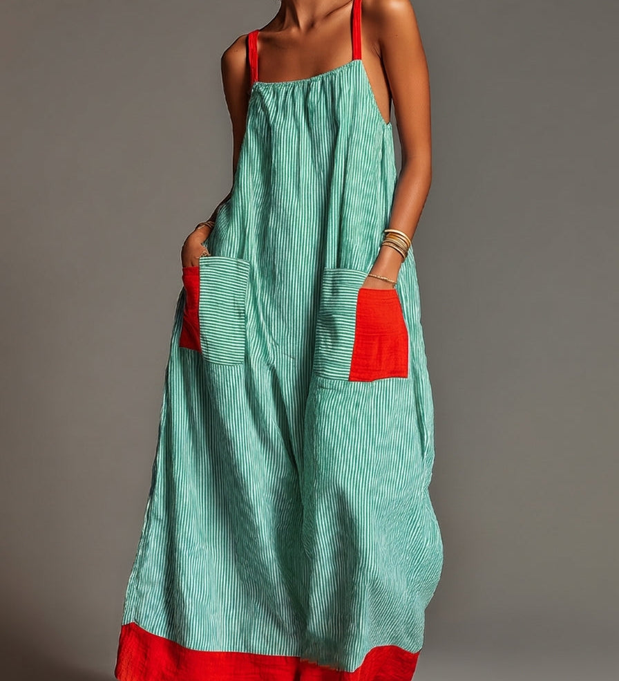 Mara · Vestido Maxi Lino Rayas Color Block con Bolsillos