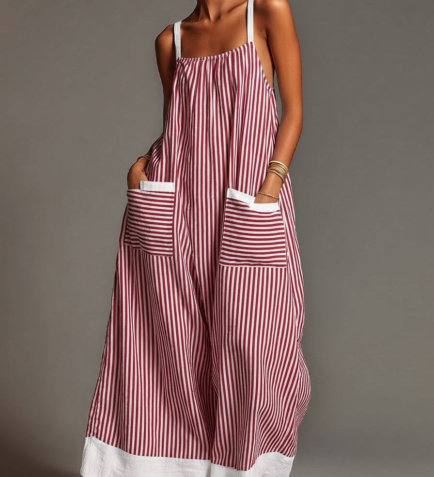 Mara · Vestido Maxi Lino Rayas Color Block con Bolsillos