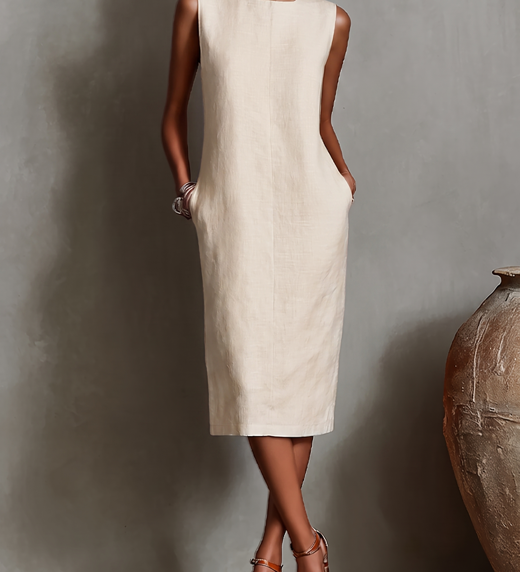Martina · Vestido Midi Efecto Lino Sin Mangas con Bolsillos