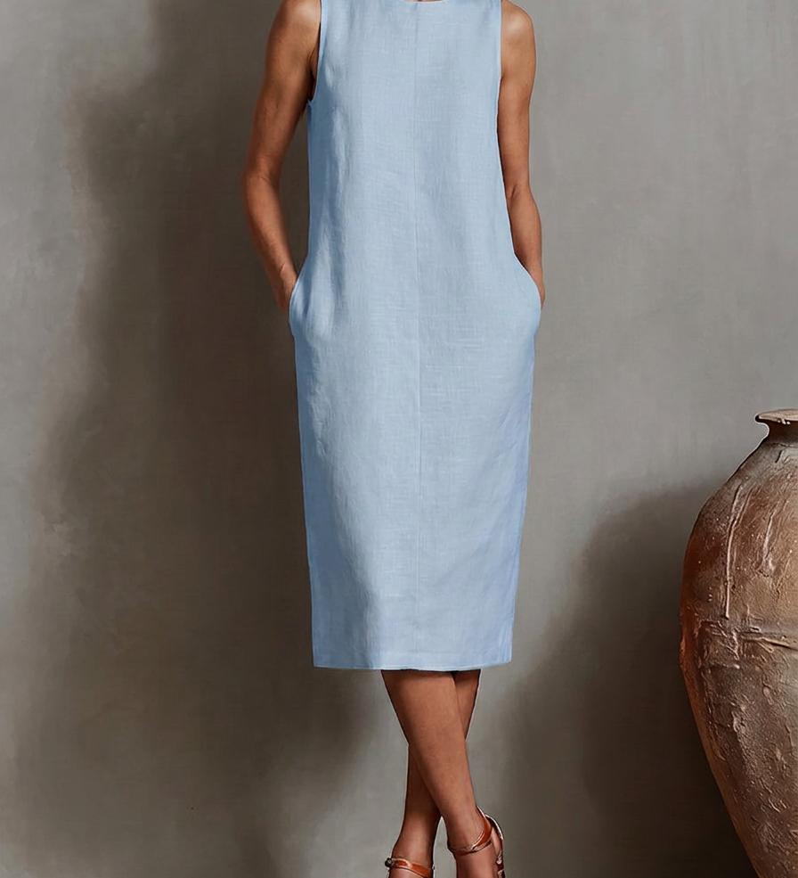 Sofía · Vestido Midi Efecto Lino Sin Mangas con Bolsillos