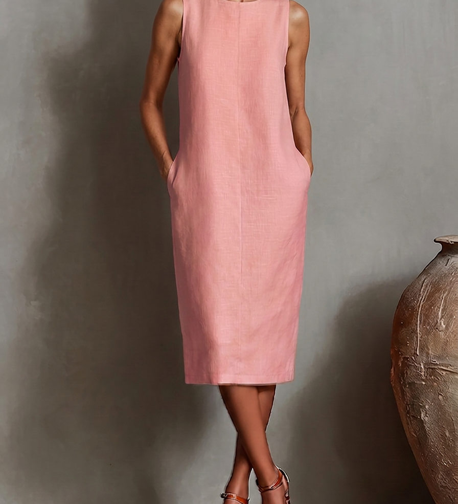 Sofía · Vestido Midi Efecto Lino Sin Mangas con Bolsillos