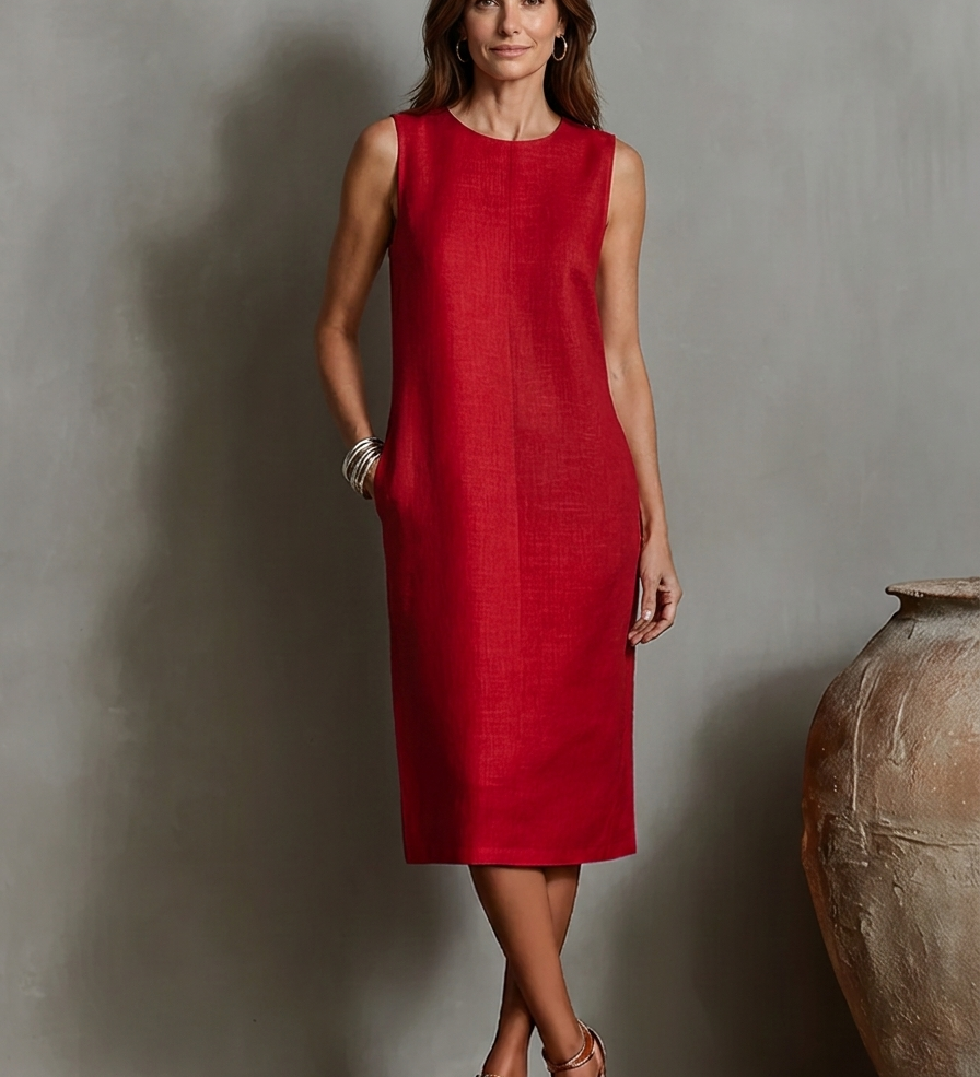 Sofía · Vestido Midi Efecto Lino Sin Mangas con Bolsillos