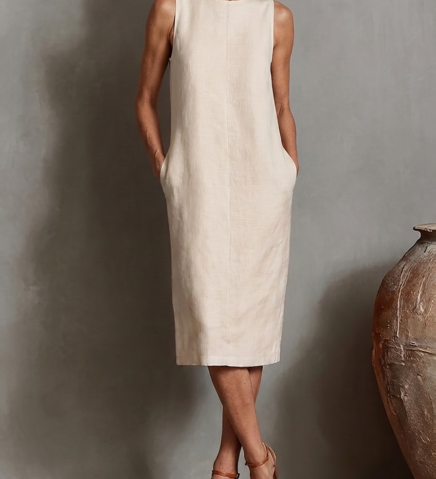 Sofía · Vestido Midi Efecto Lino Sin Mangas con Bolsillos