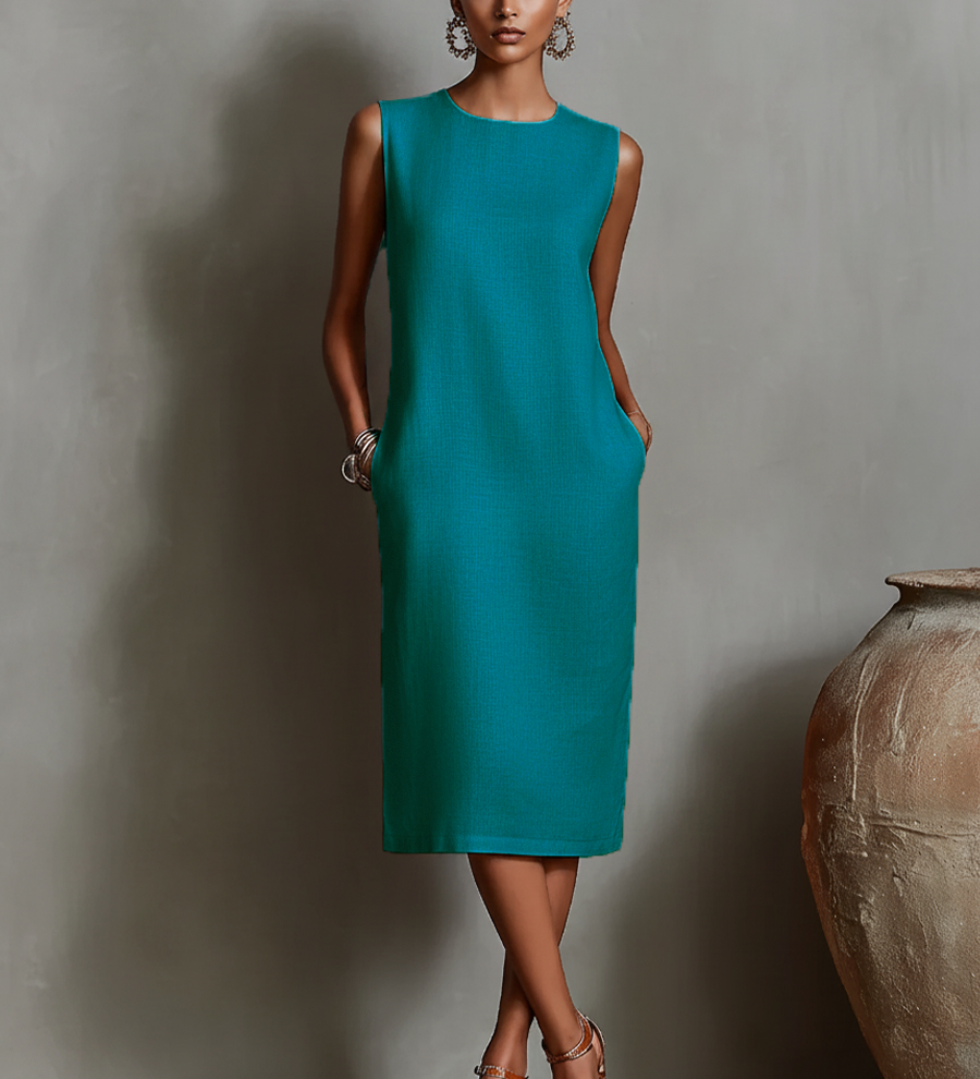 Martina · Vestido Midi Efecto Lino Sin Mangas con Bolsillos